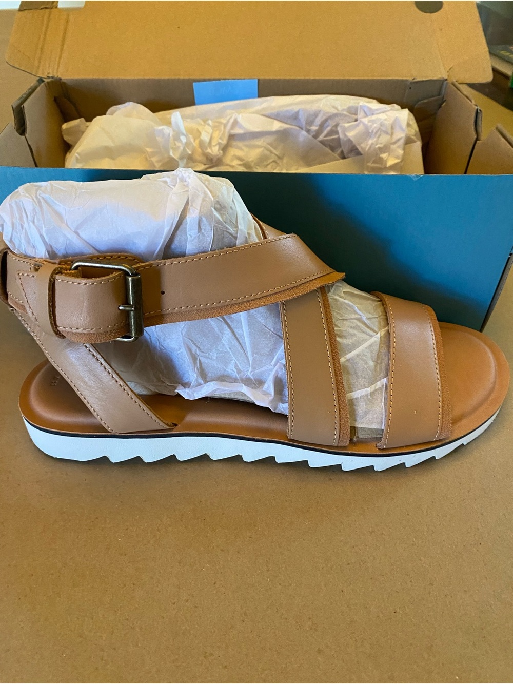 Toms Tan Leather Sidney Tread, Strappy Buckle Sandals, Size 11